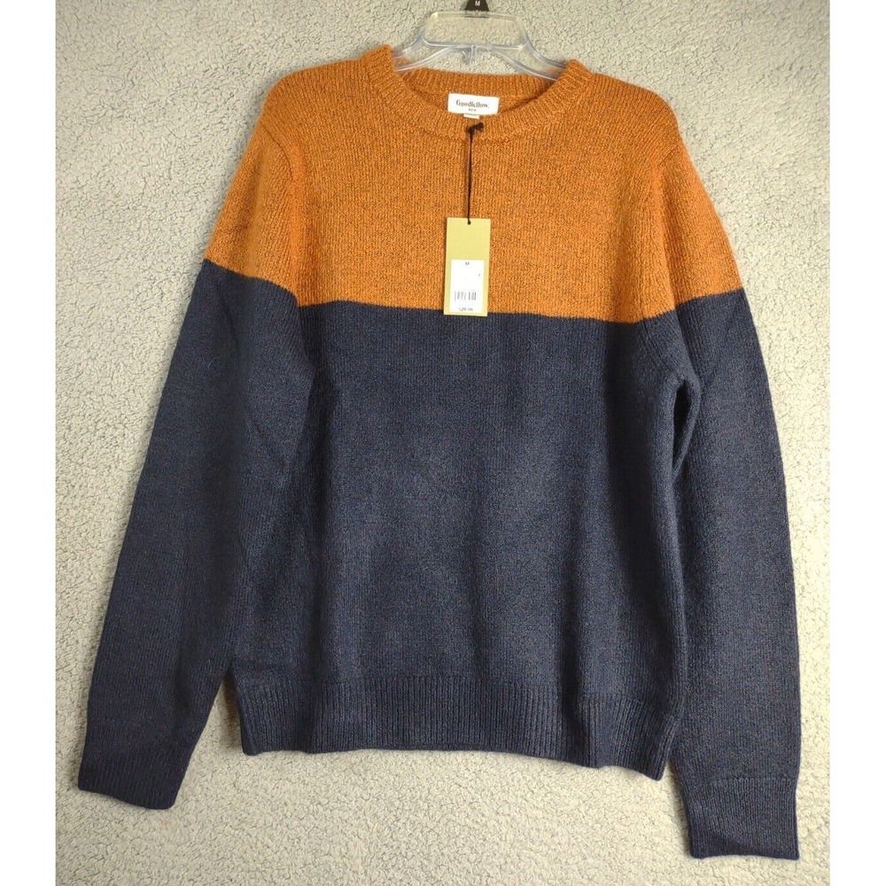 Goodfellow Sweater Mens M Navy/Orange Colorblock Knit Crew Neck Pullover NEW NWT